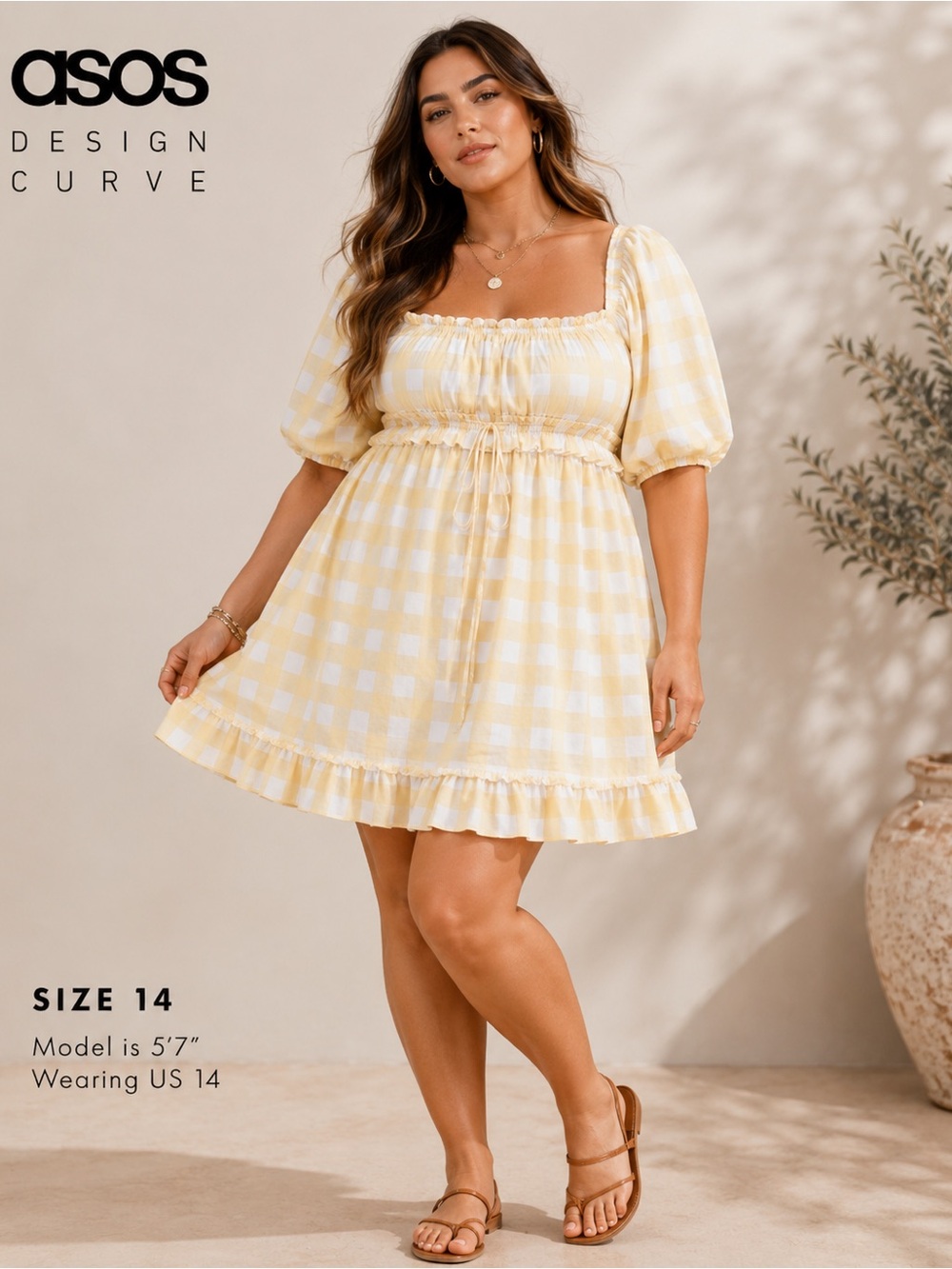 ASOS DESIGN Curve Yellow Gingham Puff Sleeve Mini Smock Dress US 14 Cottagecore